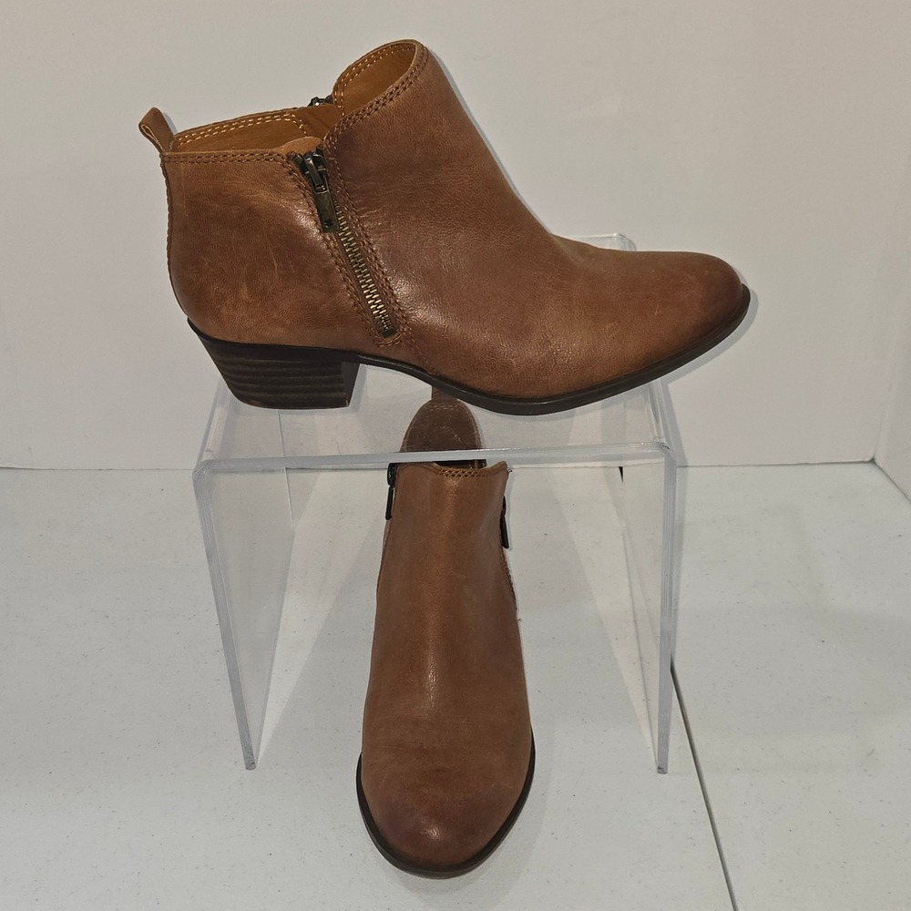 Lucky Brand Basel Leather Ankle Booties Brown Zip Up Boot 8M LK-BASEL